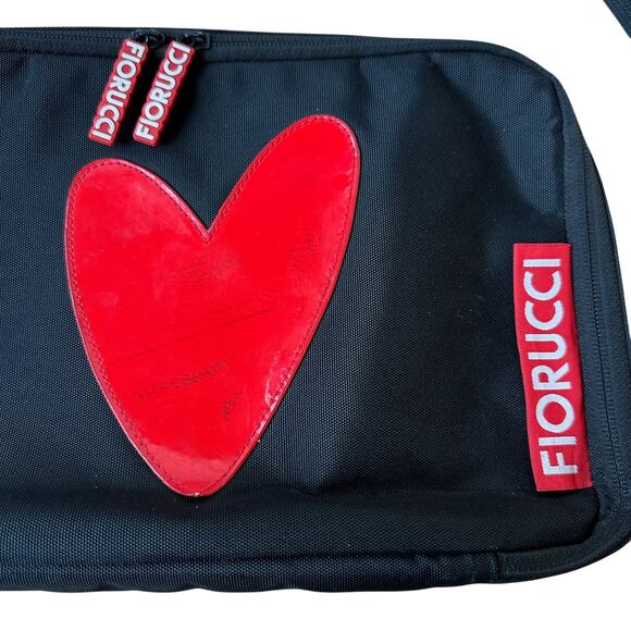 Vintage Fiorucci Crossbody Bag Black Canvas Red Heart Messenger 11"x7.5"x2" - Picture 3 of 11